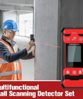 DOJBK Rechargeable Wall Detector, Stud Finder Wall Scanner with Smart Sensor in use, showing laser line on concrete wall.