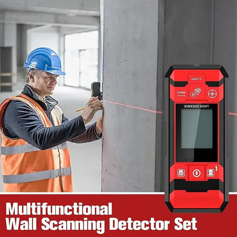 DOJBK Rechargeable Wall Detector, Stud Finder Wall Scanner with Smart Sensor in use, showing laser line on concrete wall.
