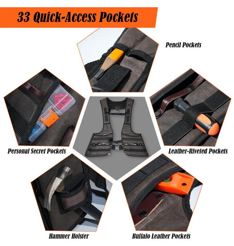 Heavy Duty Carpenter Tool Vest With Thick Top Grain Buffalo Leather And Twenty Ounce Waxed Canvas showcasing 33 quick-access pockets.
