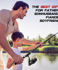 Father and son fishing with Two Piece Telescopic Carbon Fiber Fishing Rod And Reel Set With Two Spinning Reels, 6.9 ft rod.