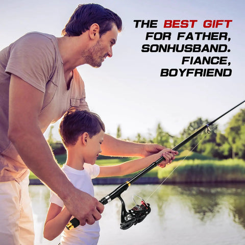 Father and son fishing with Two Piece Telescopic Carbon Fiber Fishing Rod And Reel Set With Two Spinning Reels, 6.9 ft rod.