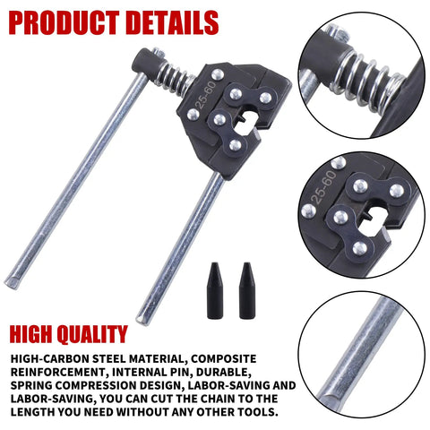 Chain Detacher Breaker Cutter For 25 35 41 40 50 60 Roller Chains 415H 428H 520 530 with spares, close-up of tool components