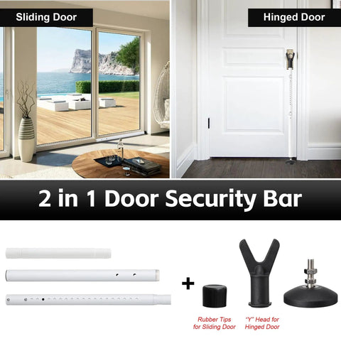 2 Pack White Adjustable Sliding Glass Door Security Bar No Tools Easy Install Jammer For Patio Front Doors Inside Bedrooms Hotels And Apartments Great For Apartments Hotels Rentals And Home Use shown with components for sliding and hinged doors.