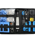 Pass Through RJ45 Crimp Tool For DIY Network Cabling 8P8C Pliers And Cable Stripper with accessories in black case