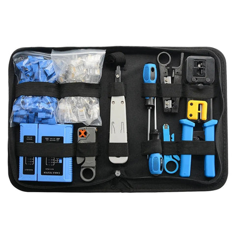 Pass Through RJ45 Crimp Tool For DIY Network Cabling 8P8C Pliers And Cable Stripper with accessories in black case