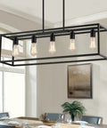 Top Shelf Black Five Light Linear Chandelier Featuring A Killer Geometric Metal Frame And Adjustable Hanging Rods For Down To Earth Farmhouse Kitchen Islands And Dining Spaces, showcasing five E12 bulbs in a spacious dining area.