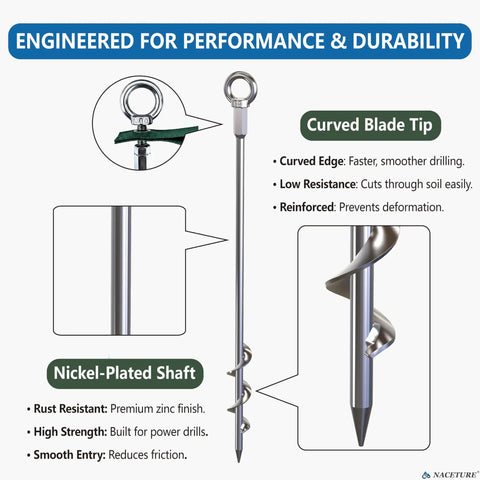 18 Inch Beefy Heavy Duty Ground Anchors Screw In Kit with curved blade tip and nickel-plated shaft for durability and performance.