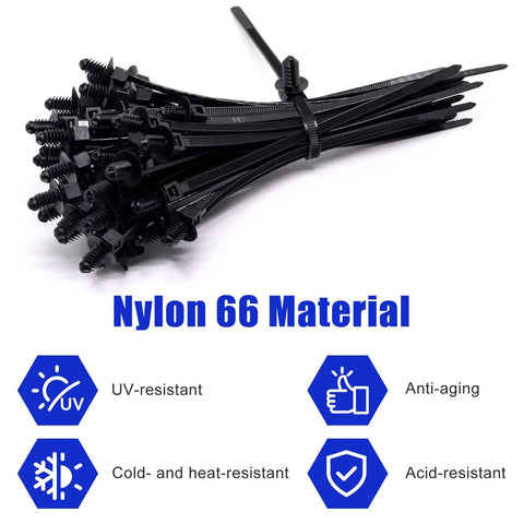 Heavy Kick Butt Christmas Tree Cable Ties Push Mount Auto Zip Ties For Engine Bay Wire Harness Management, 6.7 inch black nylon.