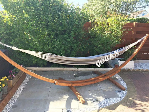 Extra Large Two Person Hammock For Patio And Garden, 330 By 150 Cm Canvas Cotton Hammock With 600 Pound Capacity installed outdoors