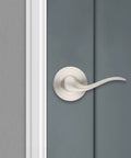 Dummy Door Lever Handle For Closets And Pantries, Right Handed Interior Pull For French Double Doors, Satin Nickel With Microban Protection, No Turn, Easy DIY Install on grey door