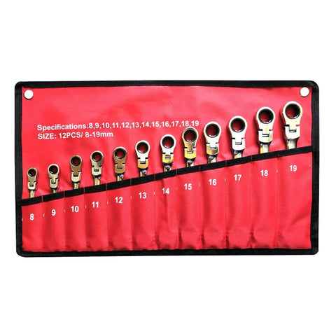 Ratchet Spanner Set 12 Piece Universal Socket Wrench Tool Kit For Car Repair And Home Use in red carrying case