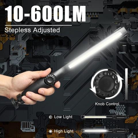 Bright As Heck LED Work Light 600LM Rechargeable COB With 2200mAh Battery showing stepless light adjustment and knob control