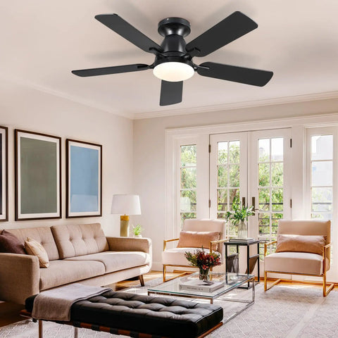 46 Inch Black Ceiling Fan With Lights And Remote in living room, low noise flush mount modern low profile ceiling fan with dimmable light.