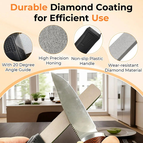 Diamond Sharpening Stone With Dual Grit 325 1200 Handheld Knife Sharpener With Angle Guide in use on kitchen knife.