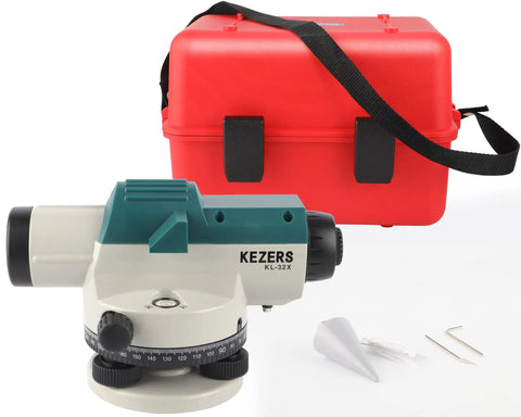 32X Automatic Optical Level Kit With Self Leveling Magnetic Dampened Compensator And Transport Lock High Precision Height Distance And Angle Measurement For Job Site Surveying Rugged Pro Grade Construction KL32X with accessories and carrying case