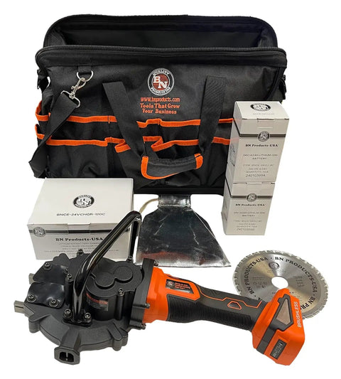 BN Products 24V Cordless Cutting Edge Saw Strut Rebar And Multi-Material Cutter Heavy Duty Power Tool with accessories and carrying bag.