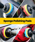 Holikme sponge polishing pads on a cordless drill; four color pads shown for car detailing.