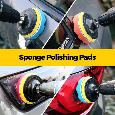 Holikme sponge polishing pads on a cordless drill; four color pads shown for car detailing.