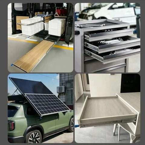 Heavy Duty Ball Bearing Drawer Slides Full Extension Steel Runners With Rubber Guard Furniture Hardware used in vehicle storage solutions.