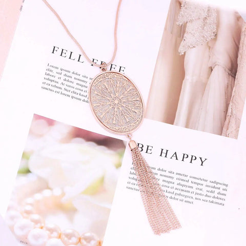 Long Layered Necklace Set For Women With Oval Disk Pendant And Tassel Fringe Y Shape Necklace In Rose Gold, on magazine