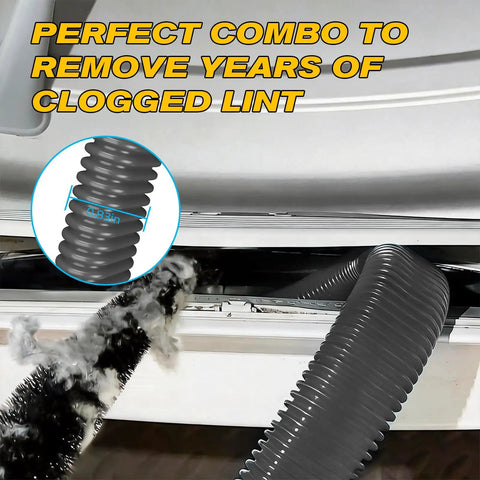 Dryer Vent Cleaning Kit With Vacuum Hose Attachment And Lint Brush, removing lint with flexible hose behind appliance