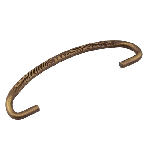 Classic Aged Brass Drawer Bail Pull With Three Inch Centers For Antique Cabinets And Dresser Drawers, Traditional Reproduction Furniture Hardware With Fifteen Sixteenth Inch Rosette Diameter, Includes Two Eye Bolts And Two Rosette Backplates