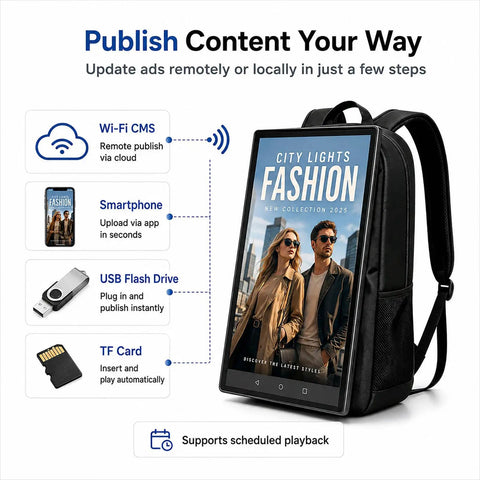 Step Up Your Promo Grind With This 21.5 Inch Lcd Touchscreen Ad Backpack Running Android Eleven showing Wi-Fi connectivity features.