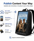 21.5 Inch LCD Video Advertising Backpack for promoting fashion ads with cloud, USB, and smartphone connectivity.