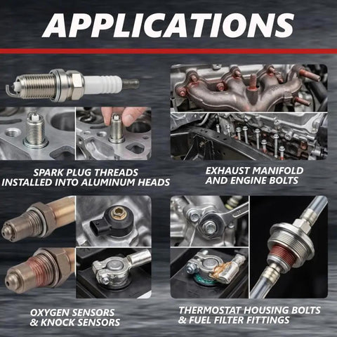 Copper Anti Seize Lubricant Paste 8 Oz Heavy Duty Industrial Formula Built Tough As Nails Protects Against Extreme Heat Pressure Steam Water Prevents Galling Seizing And Corrosion 3 Pack application examples with spark plug threads, exhaust manifold, sensors.