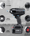 Cordless Impact Wrench With Half Inch Drive, 600 Nm Max Torque, 21V 4.0Ah Battery, Fast Charger, detailed features view