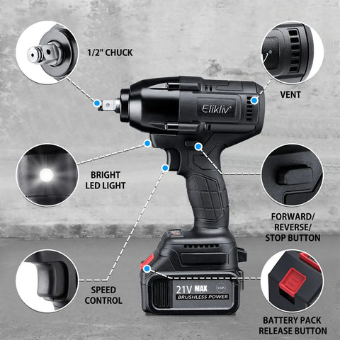 Cordless Impact Wrench With Half Inch Drive, 600 Nm Max Torque, 21V 4.0Ah Battery, Fast Charger, detailed features view