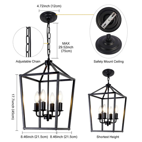 4 Light Black Farmhouse Chandelier With Industrial Iron Lantern Cage Pendant Light dimensions and features displayed