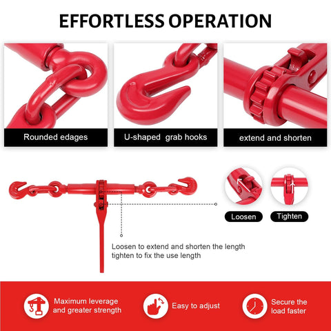 2 Pack Ratchet Chain Binders 1/2 to 5/8 Inch Beefy Heavy Duty Load Binder showing hooks and adjustment mechanism.