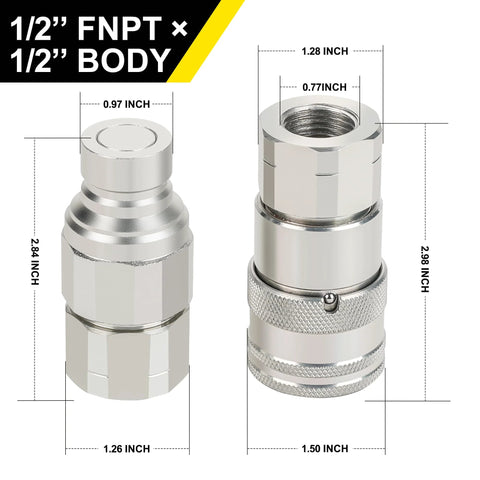ANCIMOON 2-pack flat-face hydraulic couplers, 1/2'' FNPT, silver metal with knurled sleeve