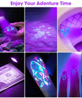 Rechargeable UV Blacklight Flashlight With High Lumens For Pet Pee Detection And Resin Curing Zoomable Waterproof Tactical LED Light For Camping Scorpion Hunting Emergency Prep And Night Work demonstrating various uses.