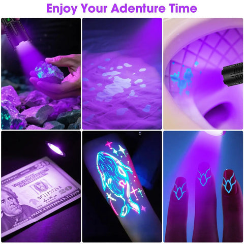 Rechargeable UV Blacklight Flashlight With High Lumens For Pet Pee Detection And Resin Curing Zoomable Waterproof Tactical LED Light For Camping Scorpion Hunting Emergency Prep And Night Work demonstrating various uses.