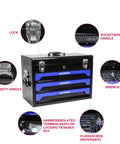 All-In-One 439 Piece Mechanics Tool Set in Heavy-Duty 3 Drawer Metal Case with labeled compartments and handles