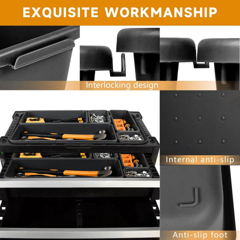 Close-up of 60 Piece Tool Box Organizer Tray Set showing interlocking design and anti-slip features with tools inside.