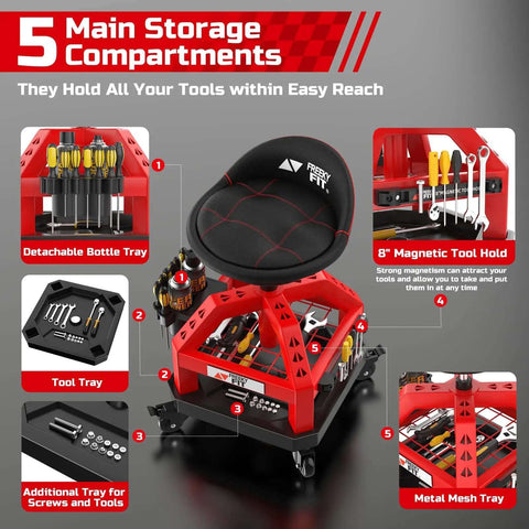 Beefy Heavy Duty Rolling Shop Stool For Garage With Casters Adjustable Height 360 Degree Swivel Seat Tool Tray Storage 330 Lbs Capacity Padded Mechanic Stool Magnetic Tool Hold Red with storage compartments.