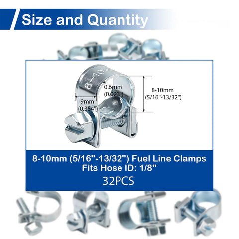 32 Piece Mini Fuel Line Clamps Set For 1/8 Inch Inner Diameter Fuel Injection Hose Adjustable 5/16 To 13/32 Inch Diameter Zinc Plated Gas Line Clips For Diesel Petrol Automotive Truck, showing detailed size and packaging.