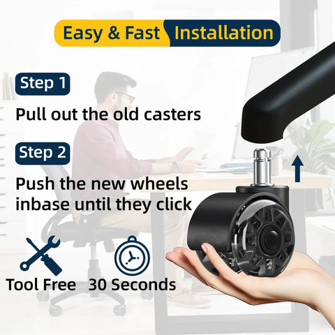 Easy installation steps for 2 Inch Replacement Office Chair Caster Wheels With M10x22mm Threaded Stem 5 Pack.