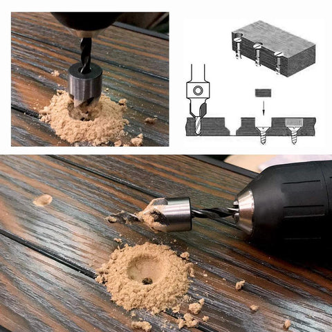 7-piece COMOWARE countersink drill bits for wood (HSS) with hex key; shown drilling and countersinking in wood.