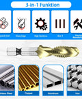 Three In One Drill And Tap Bit Set With Quick Change Adapter Titanium Coated for metal work with example materials: steel, copper, aluminum, iron.
