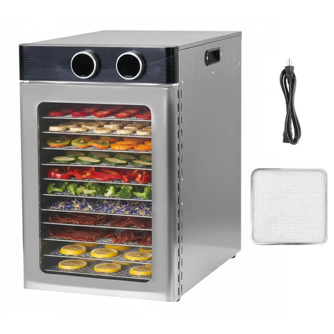 Top Shelf Electric Food Dehydrator Packing 1200 Watts And 12 Heavy Duty Stainless Steel Trays with mixed fruits and vegetables.