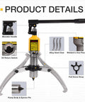 10 Ton Hydraulic Gear Puller Kit with detailed parts like movable handle, oil return switch, and alloy steel claw showcased.