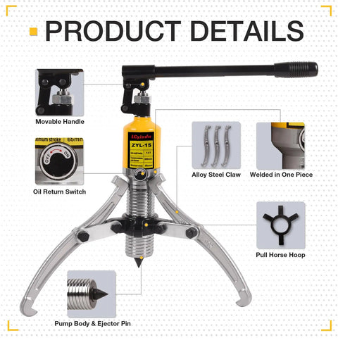 10 Ton Hydraulic Gear Puller Kit with detailed parts like movable handle, oil return switch, and alloy steel claw showcased.