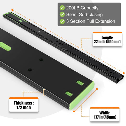 Soft Close Drawer Slides 22 Inch Full Extension Two Pairs Built Tough Heavy Duty 200 Lb Load Quiet Hydraulic Dampers Black Finish For Kitchen Cabinets And Dressers, 22-inch slide