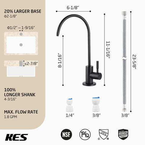 Knockout Matte Black Reverse Osmosis Kitchen Faucet dimensions and installation details with NSF certified components.