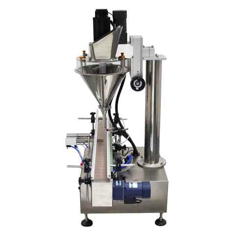 No Sweat Automatic Powder Filler Machine For 10 To 200 Gram Subpackets featuring stainless steel funnel and motor setup.
