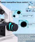 Kids And Adults Microscope With 40X To 2500X Magnification, A Versatile Compound Microscope For Students, school lab and home schooling, showing coarse and fine focus controls